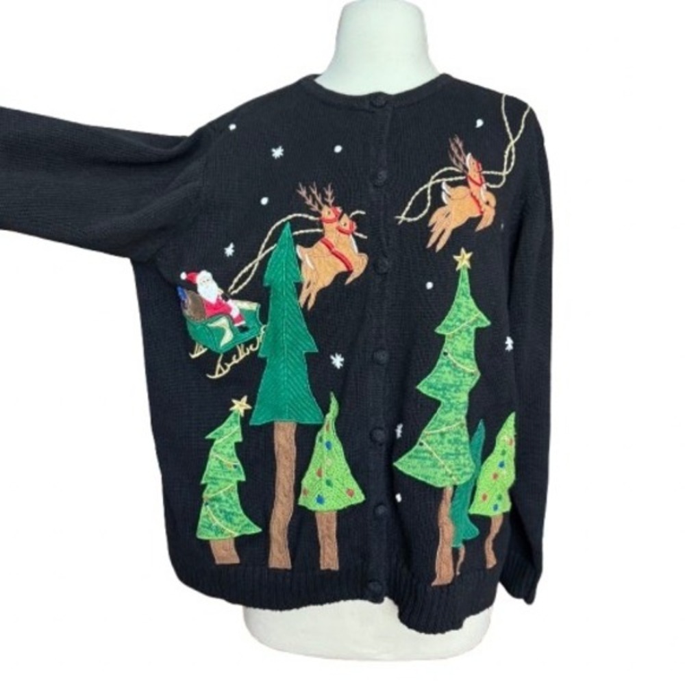 Vintage y2k Women's XL Christmas Cardigan Black with Applique Ramie Cotton
